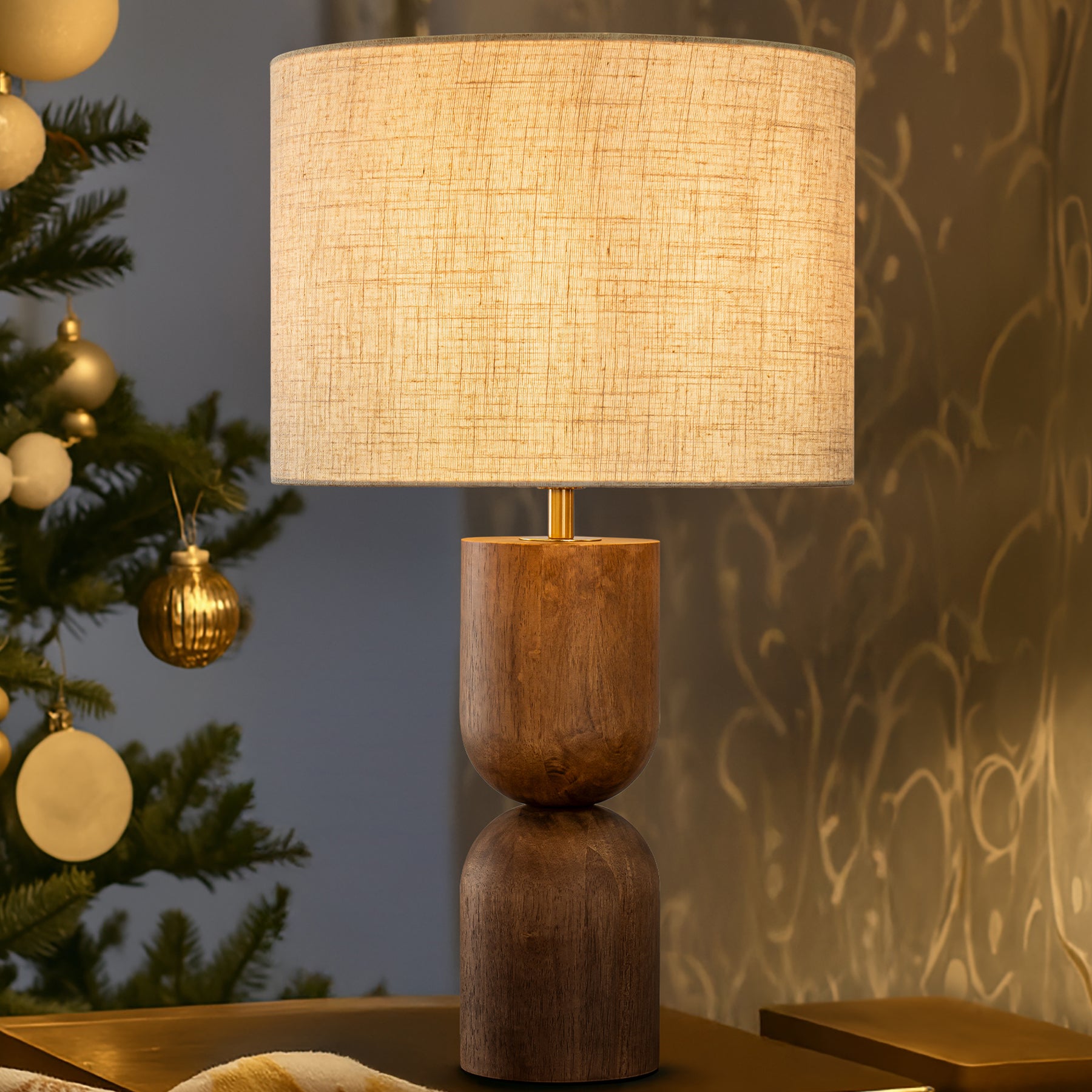 24'' Japandi Honey Brown Wood Base Bedside Table Lamp – Modern Classic Nightstand Lamp with Beige Linen Fabric Shade for Bedroom, Living Room