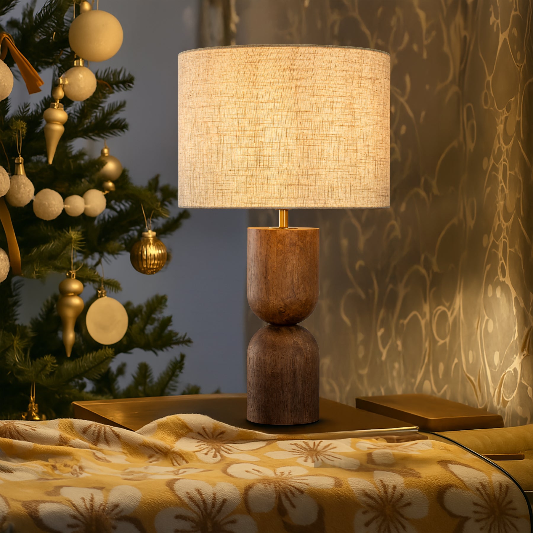24'' Japandi Honey Brown Wood Base Bedside Table Lamp – Modern Classic Nightstand Lamp with Beige Linen Fabric Shade for Bedroom, Living Room
