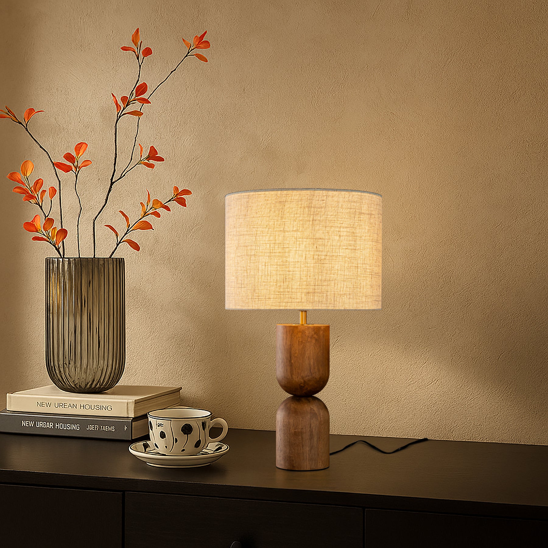 24'' Japandi Honey Brown Wood Base Bedside Table Lamp – Modern Classic Nightstand Lamp with Beige Linen Fabric Shade for Bedroom, Living Room
