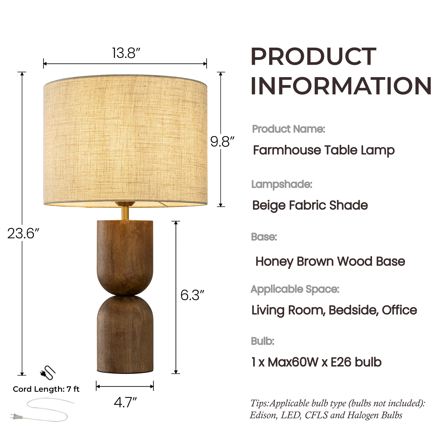 24'' Japandi Honey Brown Wood Base Bedside Table Lamp – Modern Classic Nightstand Lamp with Beige Linen Fabric Shade for Bedroom, Living Room