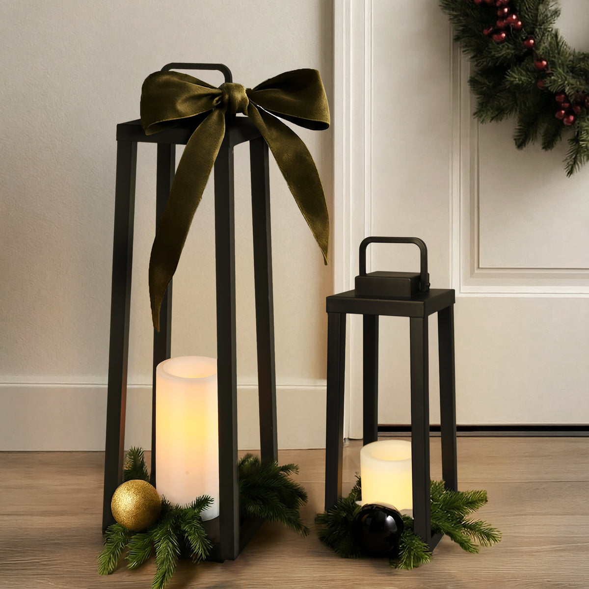 1 Light H24" Modern Matte Black Solar Lantern with Candle Shape Large Outdoor Light Decorative Portable Hanging LED Lights for Patio Camping