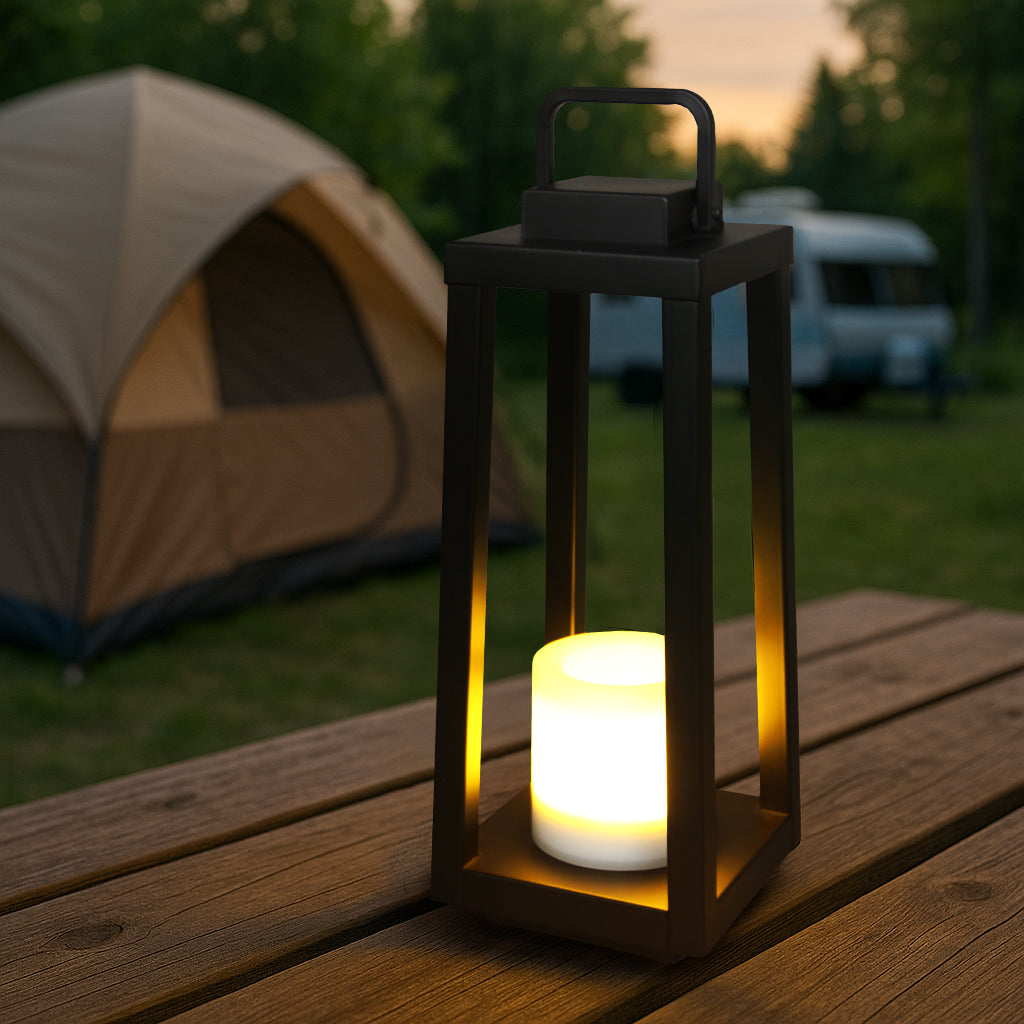 1 Light H16" Modern Matte Black Solar Lantern with Candle Shape Outdoor Light Decorative Portable Hanging LED Lights for Patio Camping