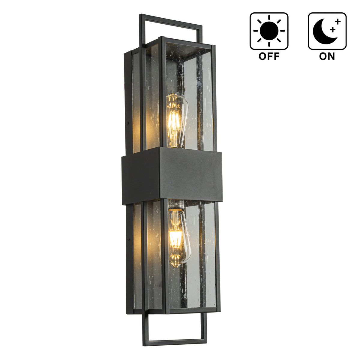 Modern Outdoor Wall Light with Dusk to Dawn Sensor H26'' Black Exterior Wall Lantern with Seeded Glass 2-Light Waterproof Sconce for Porch Garage Entryway Bulbs Not Included