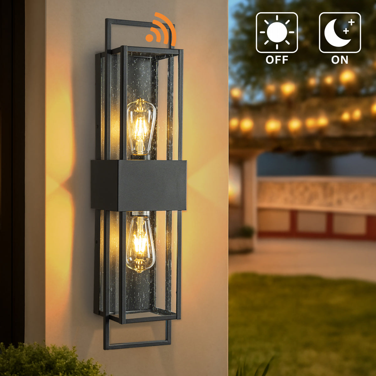 Modern Outdoor Wall Light with Dusk to Dawn Sensor H26'' Black Exterior Wall Lantern with Seeded Glass 2-Light Waterproof Sconce for Porch Garage Entryway Bulbs Not Included