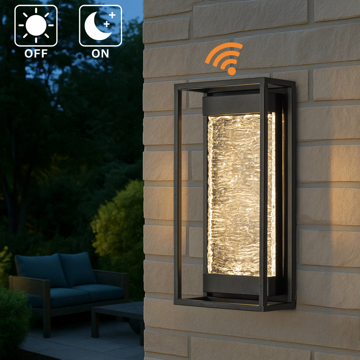 H15" Modern Outdoor Integrated LED Wall Light with Dusk to Dawn Sensor Matte Black Exterior Light Fixture with Handcrafted Textured Glass Wall Lantern for Porch Garage Entryway