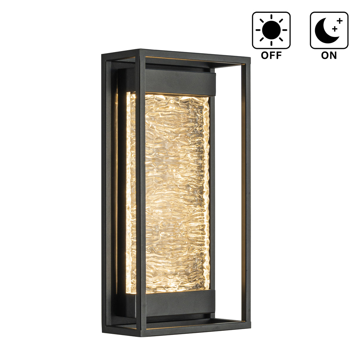 H15" Modern Outdoor Integrated LED Wall Light with Dusk to Dawn Sensor Matte Black Exterior Light Fixture with Handcrafted Textured Glass Wall Lantern for Porch Garage Entryway