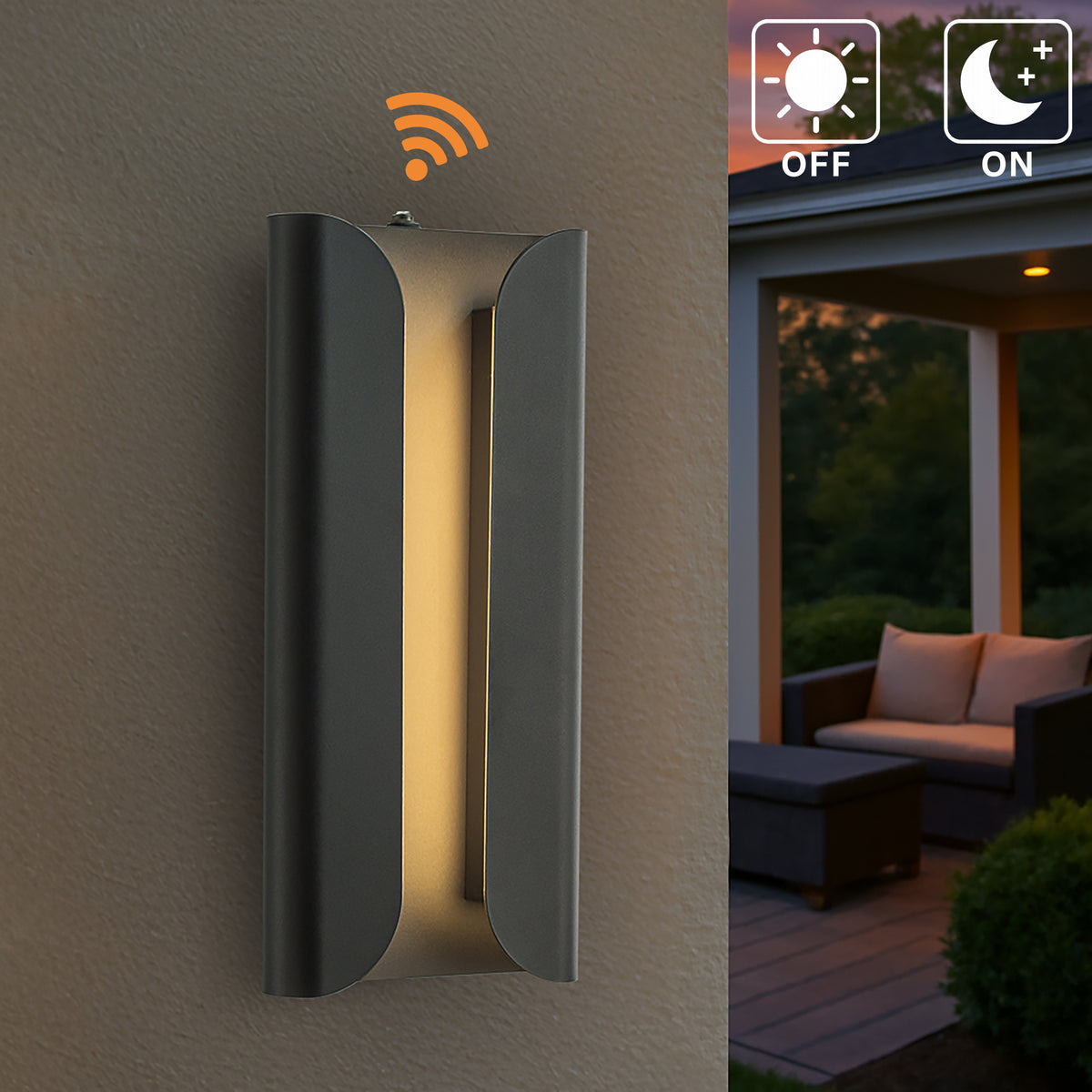 H15" Matte Black 24W Integrated LED Wall Sconce with Acrylic Shade Modern Simplicity Outdoor Wall Light with Dusk to Dawn Sensor for Porch Garage