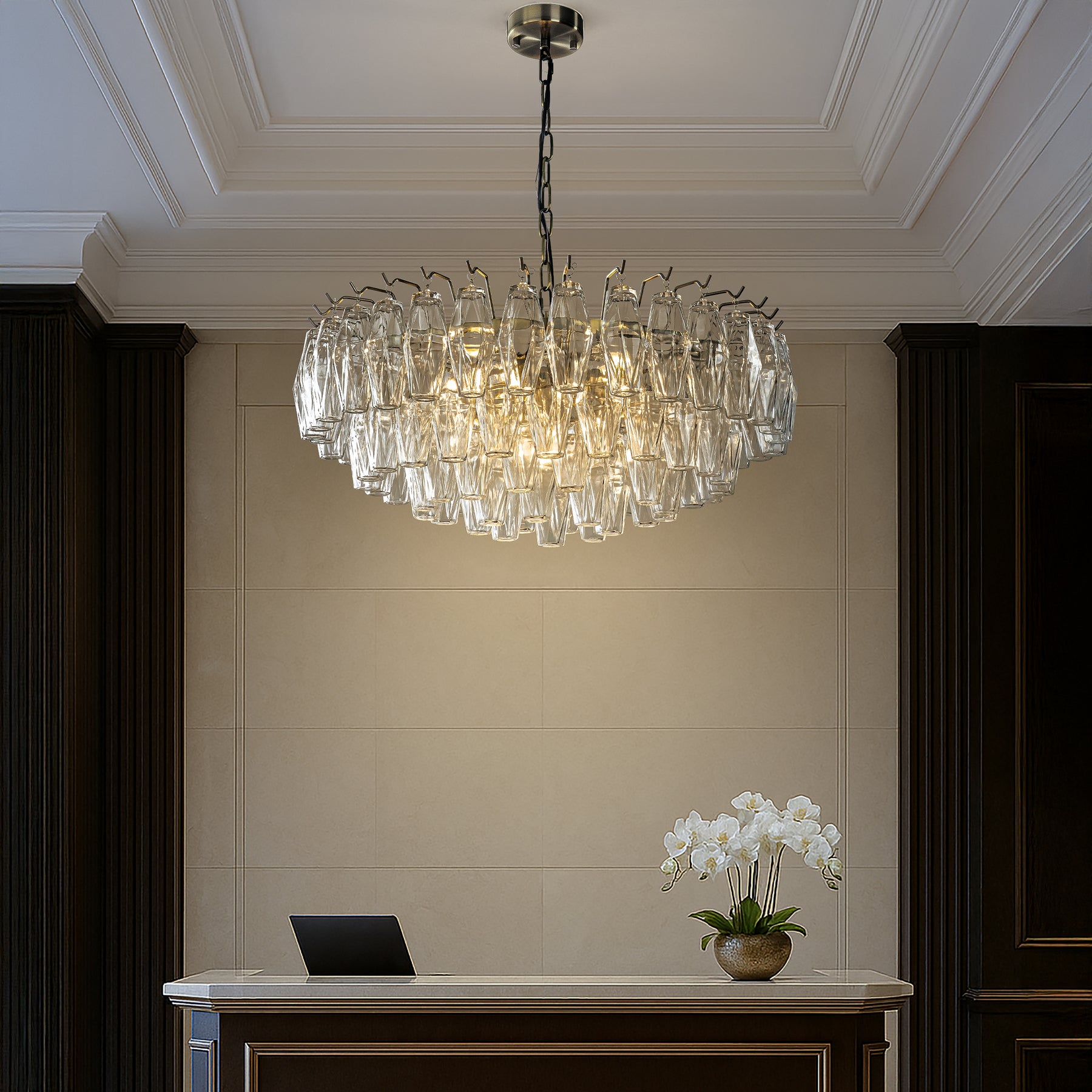 28'' Midcentury Modern Murano Glass Round Chandeliers 6-Light Handblown Glass Pendant Light Fixture Aged Bronze Finish For Dining Room Living Room