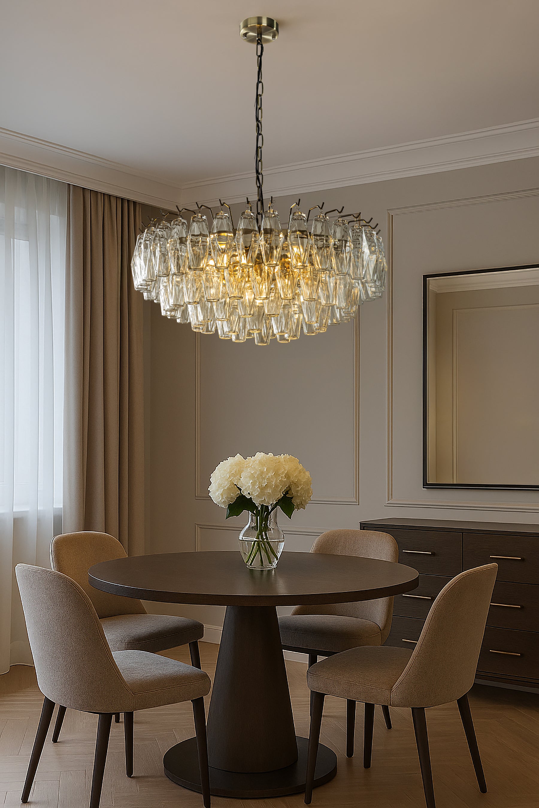 28'' Midcentury Modern Murano Glass Round Chandeliers 6-Light Handblown Glass Pendant Light Fixture Aged Bronze Finish For Dining Room Living Room