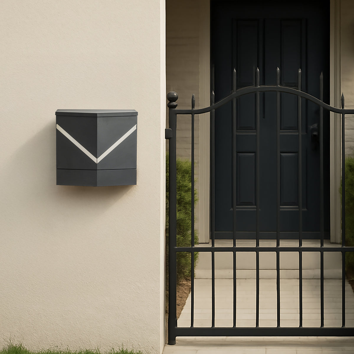 Modern Outdoor Black Metal Secure Locking Wall-Mount Mailbox With Stainless Steel V-Shape Futuristic Design For Home or Office
