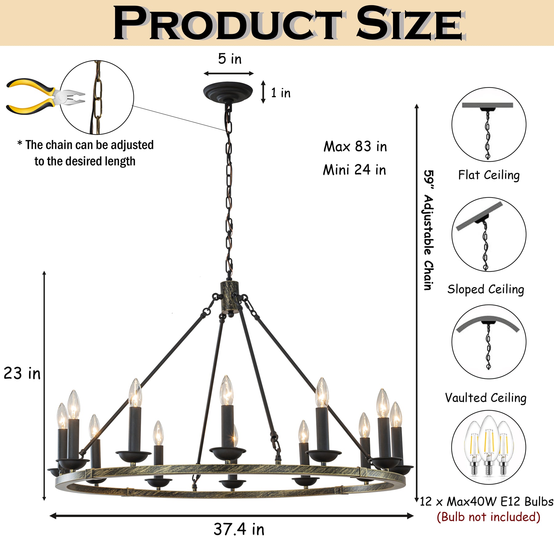 37" 12-Light Modern Candelabra Chandelier Round Industrial Candle Pendant Lighting In Vintage Brushed Gold Over Black Finish For Living Room Dining Room