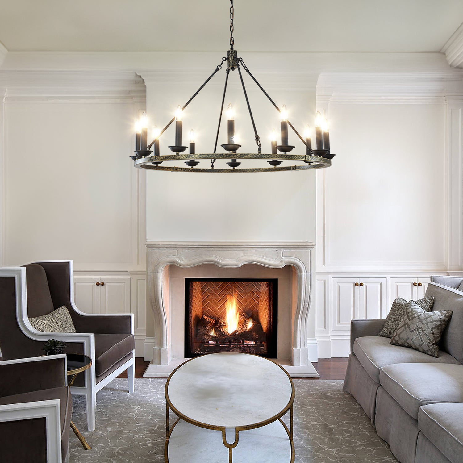 37" 12-Light Modern Candelabra Chandelier Round Industrial Candle Pendant Lighting In Vintage Brushed Gold Over Black Finish For Living Room Dining Room