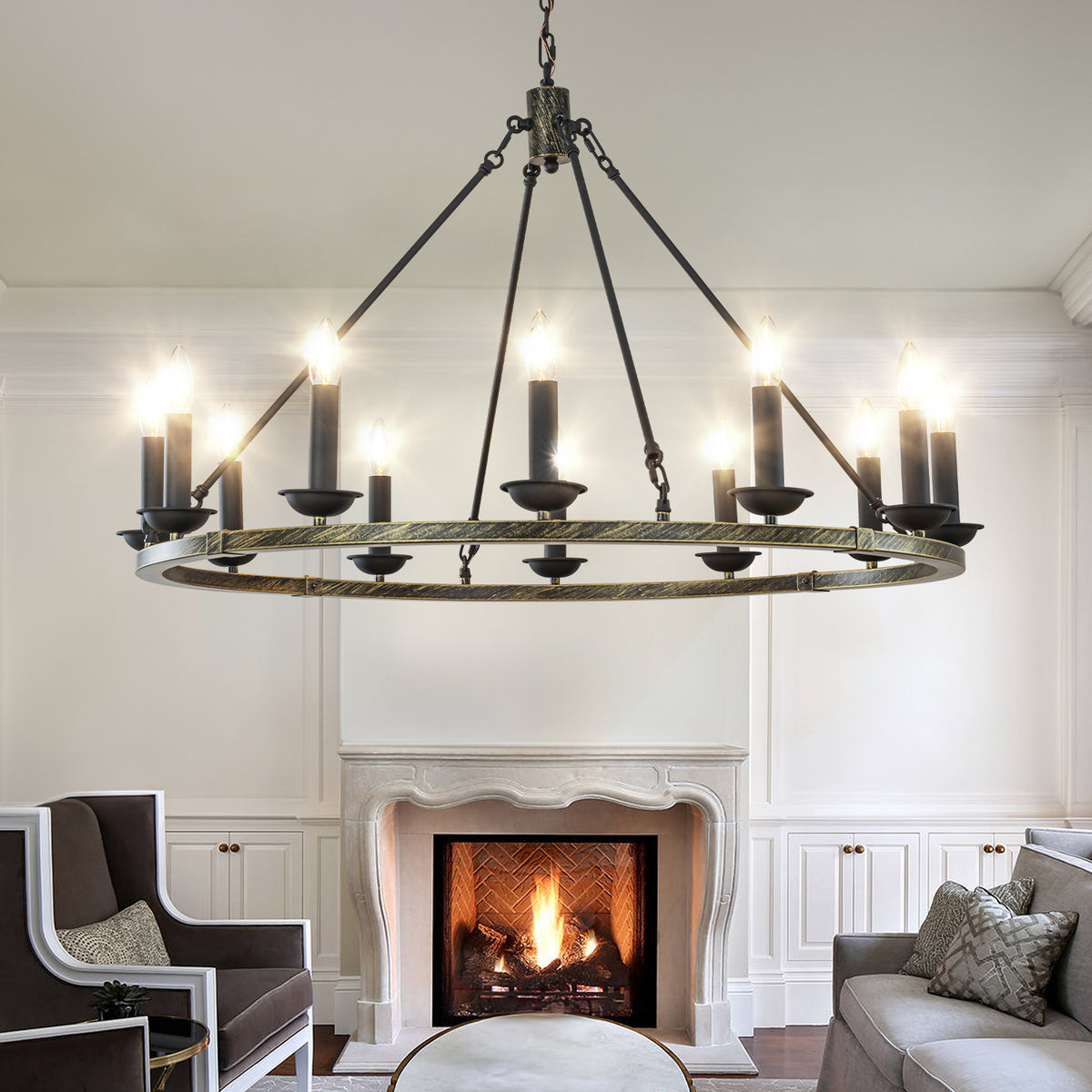 37" 12-Light Modern Candelabra Chandelier Round Industrial Candle Pendant Lighting In Vintage Brushed Gold Over Black Finish For Living Room Dining Room