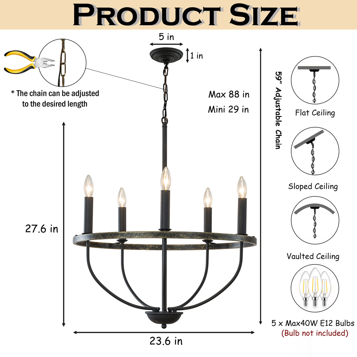 26'' 5-Light Modern Matt Black Classic Candelabra Chandelier Industrial Candle Pendant Light For Living Room Dining Room And Entryway