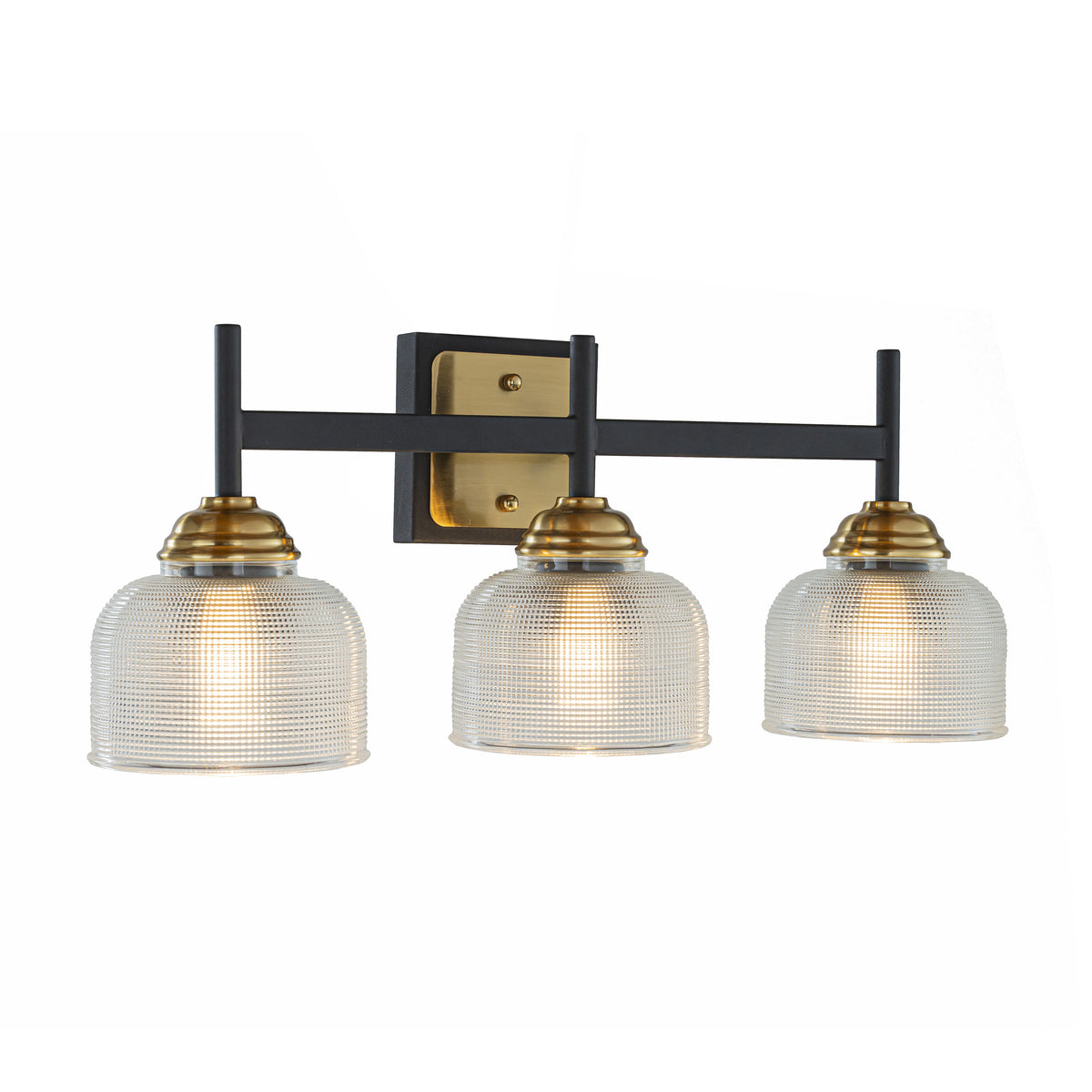 3-Light W22" Contemporary Bathroom Vanity Wall Sconce in Black and Vintage Brass with Dome Shape Clear Ribbed Glass Shade