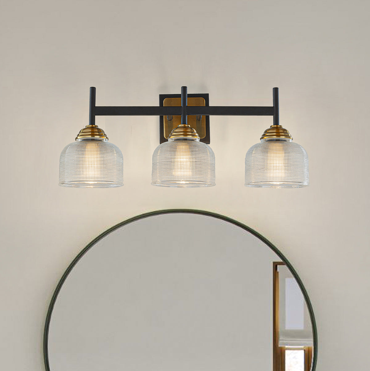 3-Light W22" Contemporary Bathroom Vanity Wall Sconce in Black and Vintage Brass with Dome Shape Clear Ribbed Glass Shade