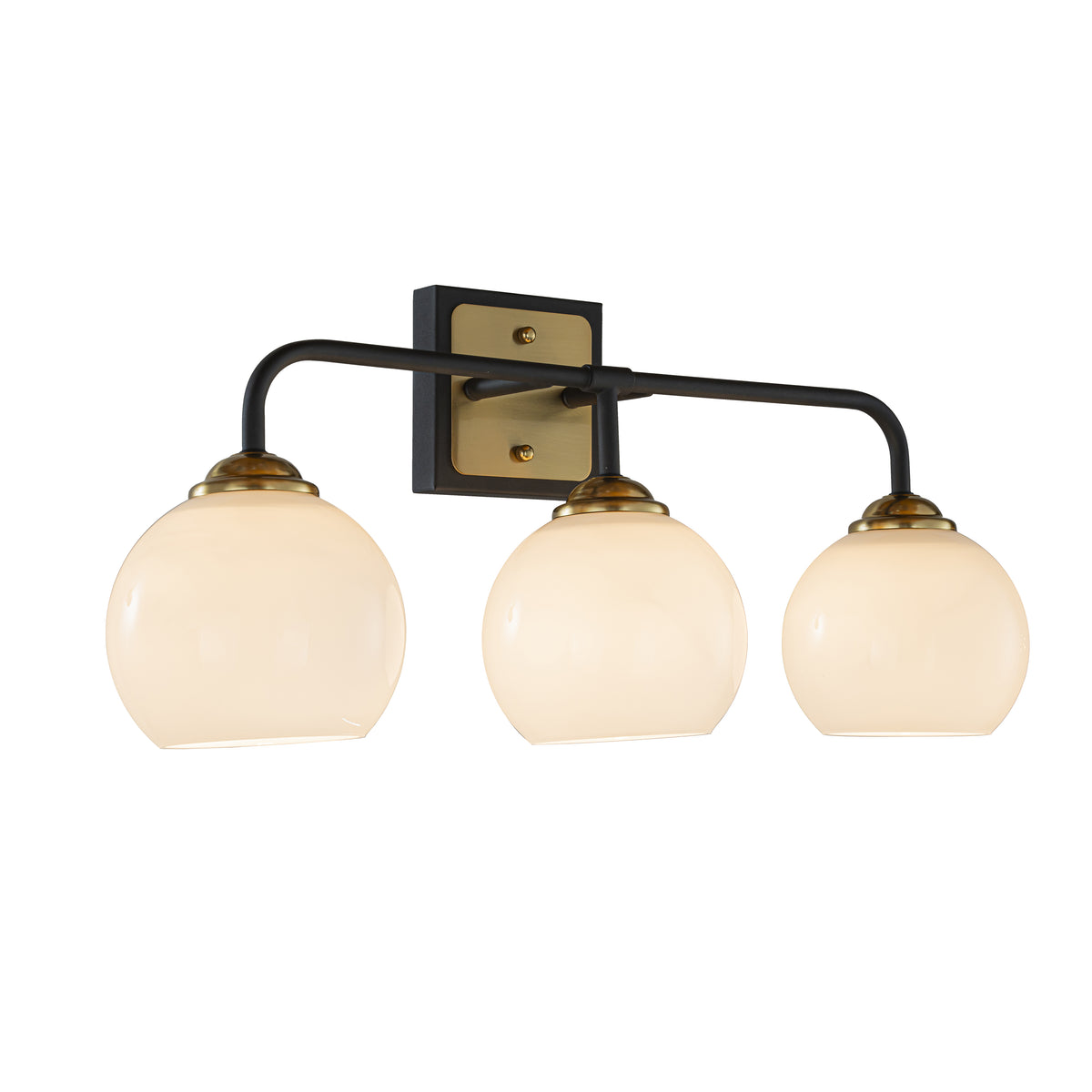 3-Light W22" Modern Elegant Brass And Black Bathrooom Vanity Light with Round Milk White Glass Shades