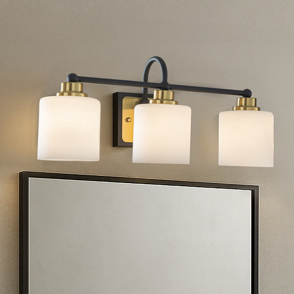 W21" 3-Light Modern Elegant Brass And Black Bathrooom Vanity Light With Milk White Glass Shades