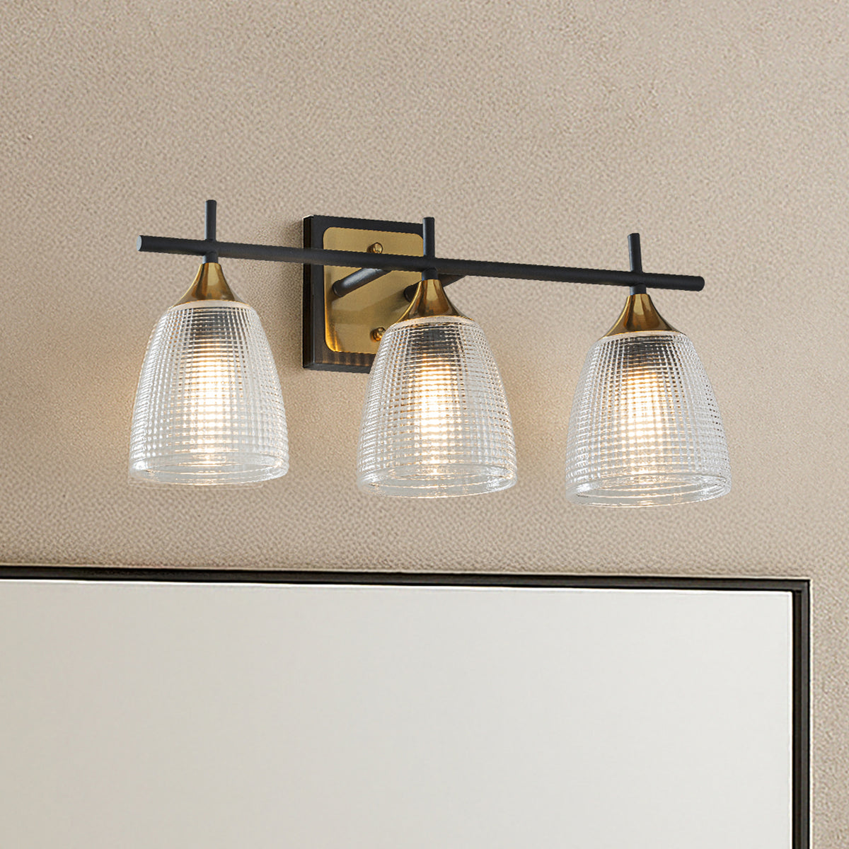 3-Light W21" Contemporary Bathroom Vanity Wall Light in Black and Brass Finish with Dome Shape Clear Textured Glass Shade