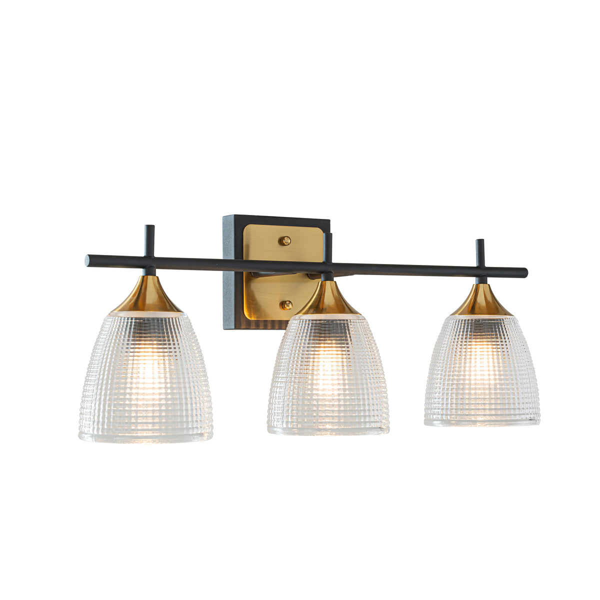 3-Light W21" Contemporary Bathroom Vanity Wall Light in Black and Brass Finish with Dome Shape Clear Textured Glass Shade