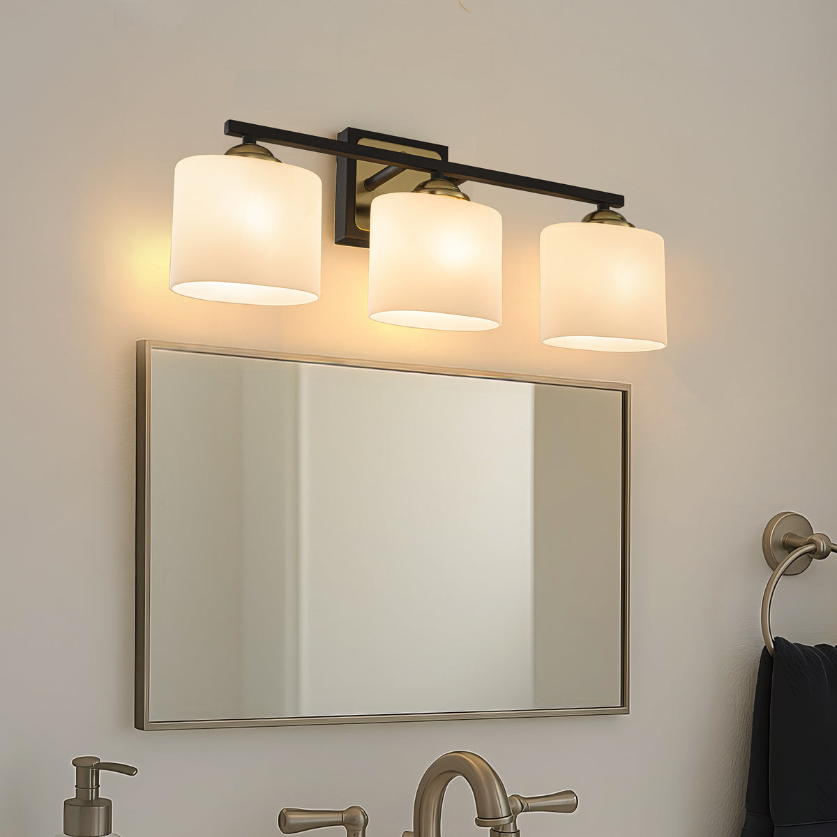 21'' 3-Light Modern Elegant Brass And Black Bathrooom Vanity Light With Milk White Glass Shades