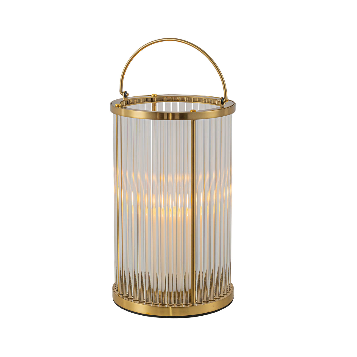 Warm Brass Lantern with Ribbed Glass and Rechargeable Candle