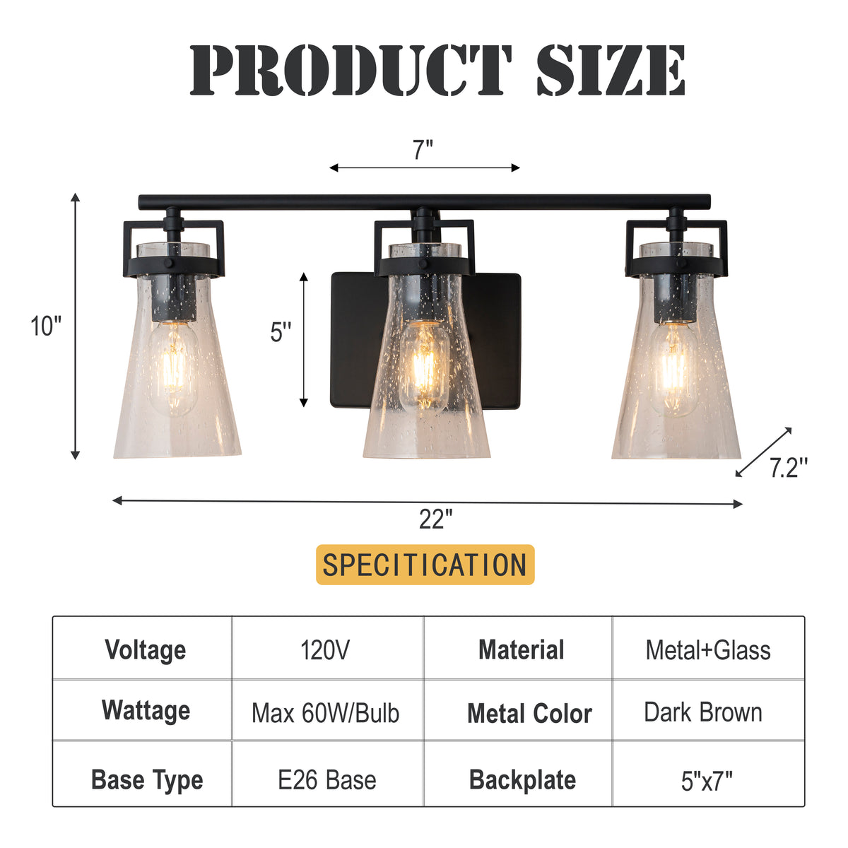Modern Transitional 3-Light Vanity Wall Sconce in Dark Brown with Clear Bubble Glass Shades for Mirror, Bathroom or Hallway