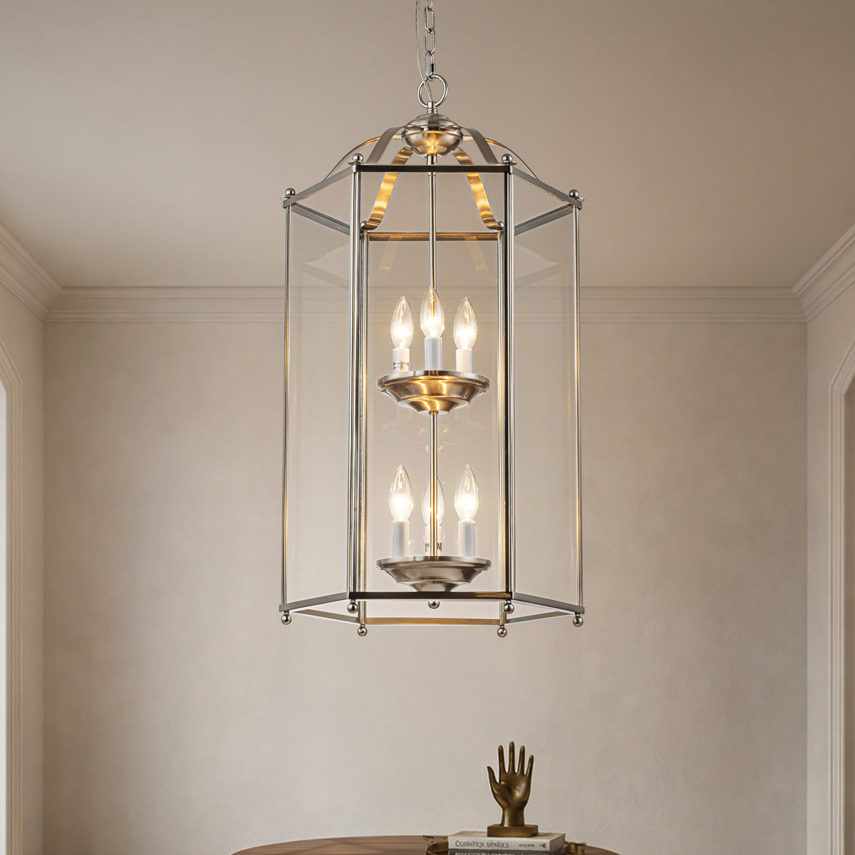 6 Light 2-Tier Satin Nickel Lantern Pendant Light 17-Inch Vintage Empire Style Chandelier with Clear Glass Shade for Foyer Hall Entryway Staircase