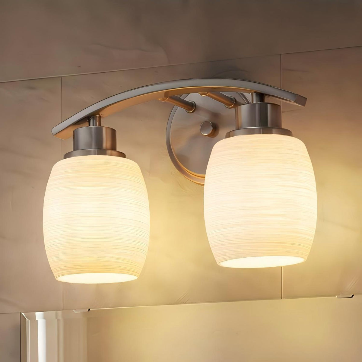 Modern Contemporary 2-Light Bathroom Vanity Light Satin Nickel Wall Sconce with Textured Opal Glass Shades 12-Inch Wall Mounted Fixture for Mirror Hallway