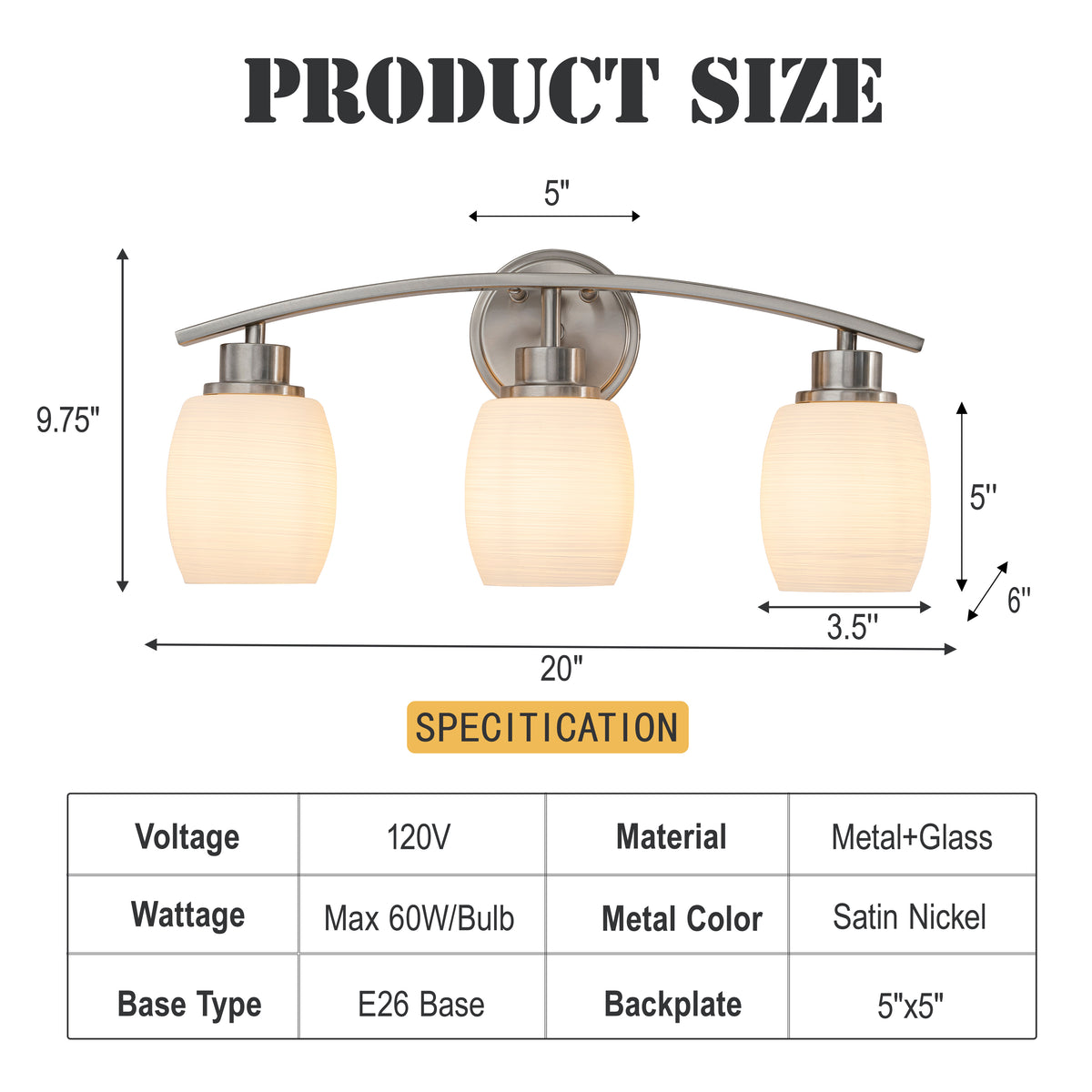 Modern Contemporary 3-Light Bathroom Vanity Light Satin Nickel Wall Sconce with Textured Opal Glass Shades 20-Inch Wall Mounted Fixture for Mirror Hallway