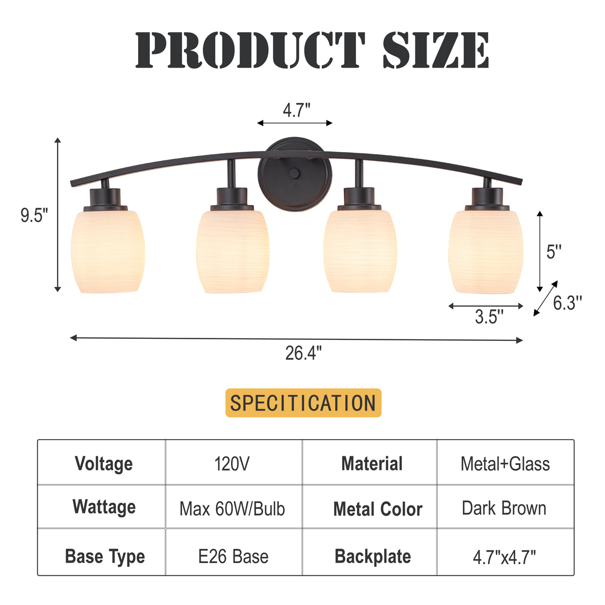 28-in Modern Contemporary 4-Light Bathroom Vanity Light Bath Bar Dark Brown Wall Sconce with Textured Opal Glass Shades for Mirror Hallway