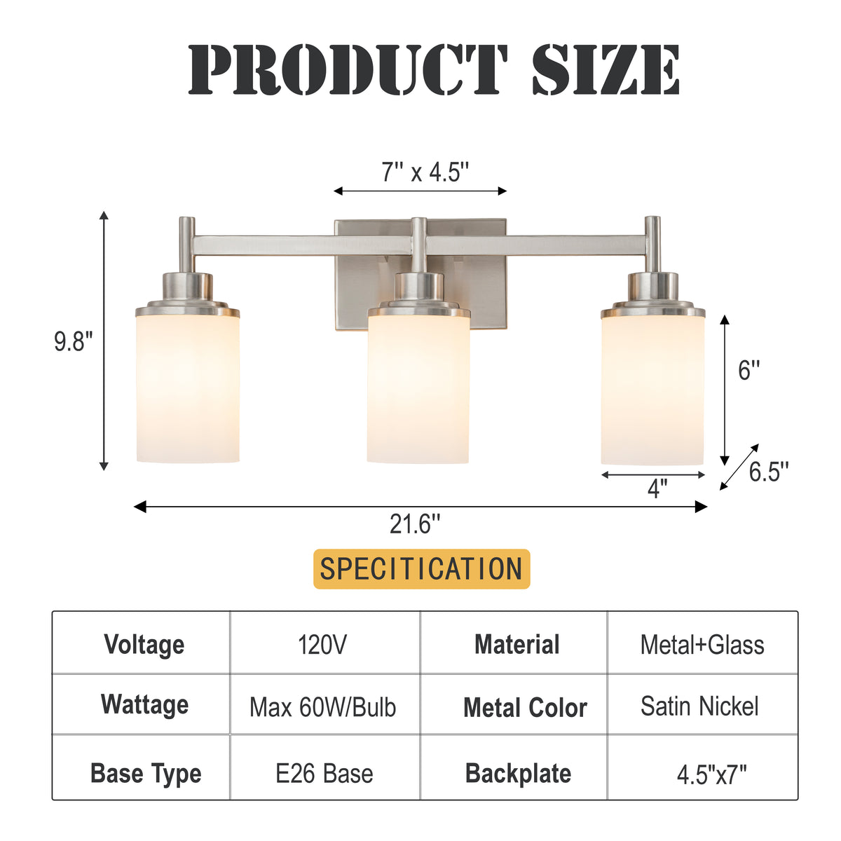 Modern 3-Light Bathroom Vanity Light, Brushed Nickel Wall Sconce with Opal Glass Shades 22 in. Wall Mounted Fixture for Mirror, Bathroom, Hallway