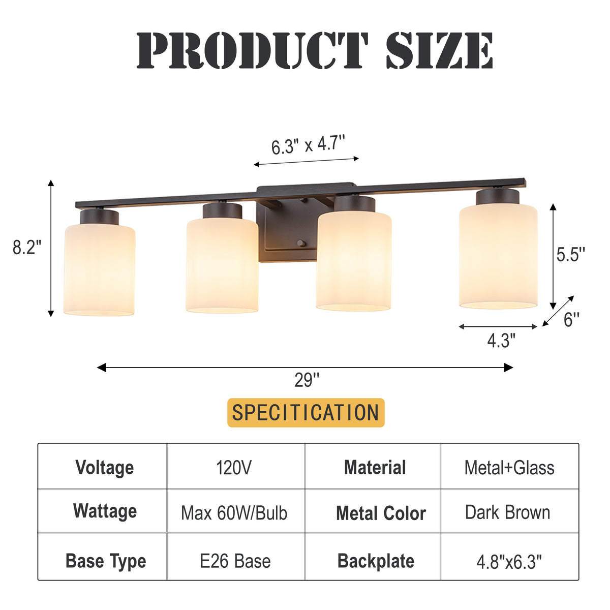 Modern Contemporary 4-Light Bathroom Vanity Light Dark Brown Wall Sconce with Frosted Glass Shades 29-Inch Wall Mounted Fixture for Mirror Hallway