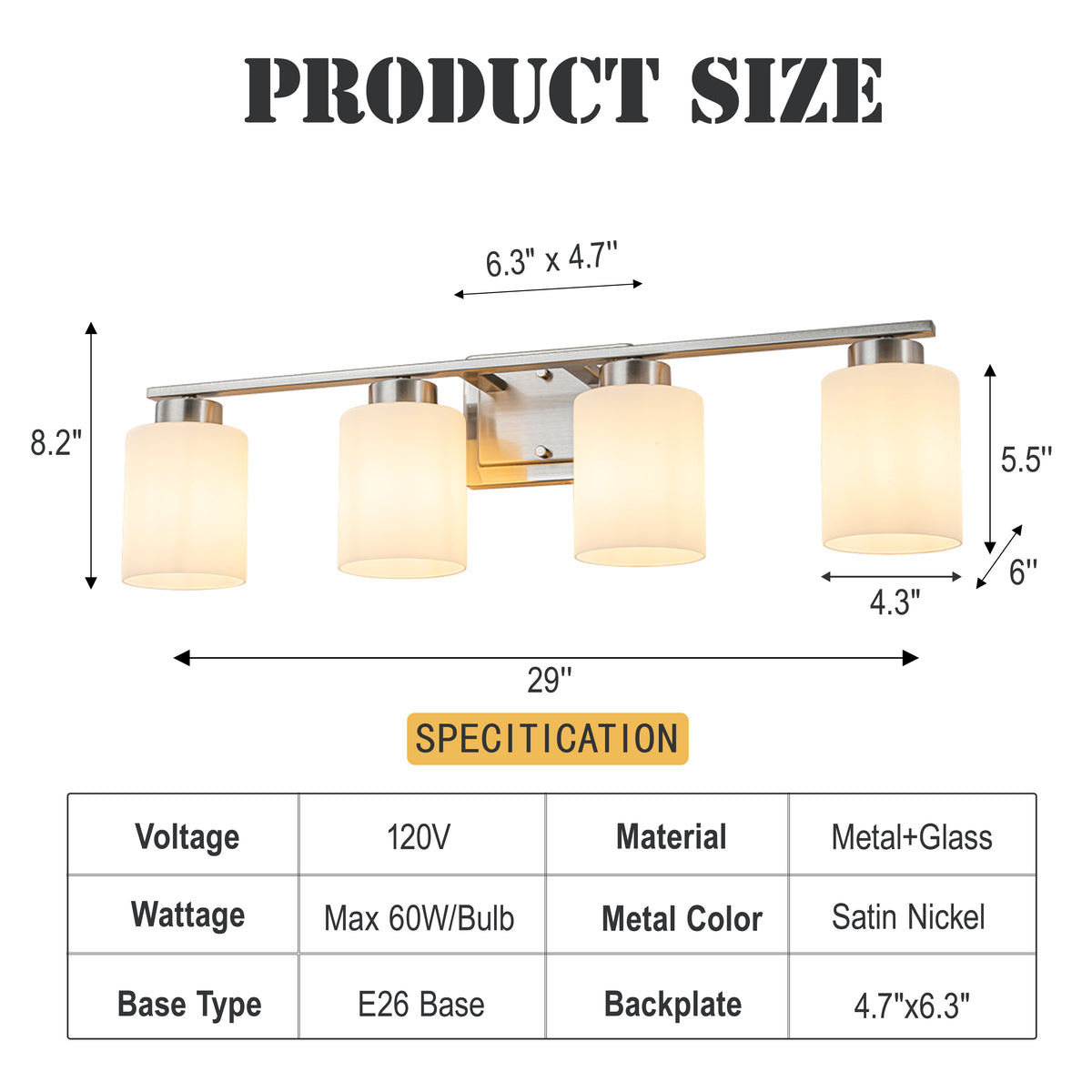 Modern Contemporary 4-Light Bathroom Vanity Light Satin Nickel Wall Sconce with Frosted Glass Shades 29-Inch Wall Mounted Fixture for Mirror Hallway