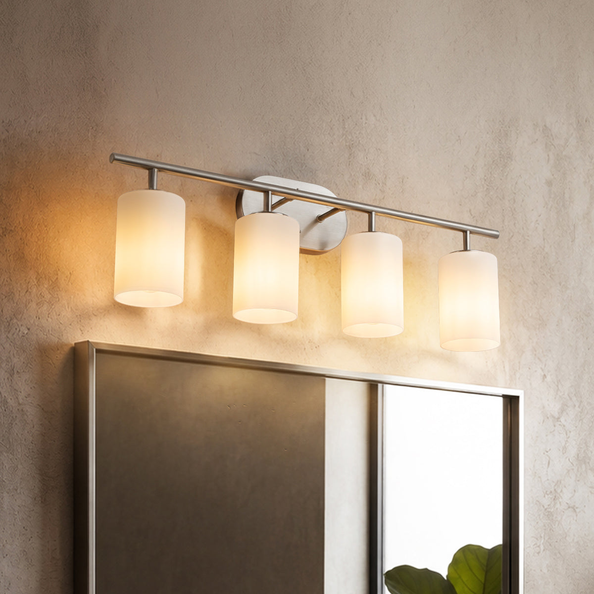 Modern Contemporary 28-Inch 4-Light Bathroom Vanity Wall Sconce with Satin Nickel Finish and Frosted Glass Shades for Bathroom, Laundry Room