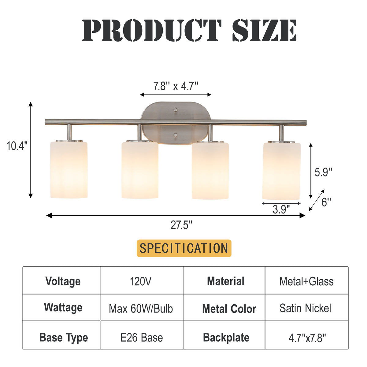 Modern Contemporary 28-Inch 4-Light Bathroom Vanity Wall Sconce with Satin Nickel Finish and Frosted Glass Shades for Bathroom, Laundry Room