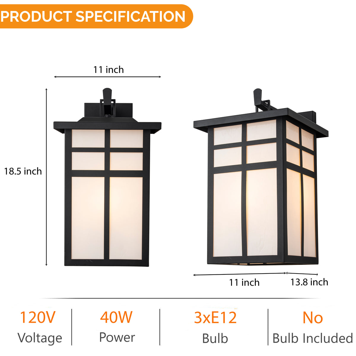 3-Light H18 in Large Modern Farmhouse Black Outdoor Wall Lantern With Frosted Glass Exterior Wall Light for Garage Entryway Porch