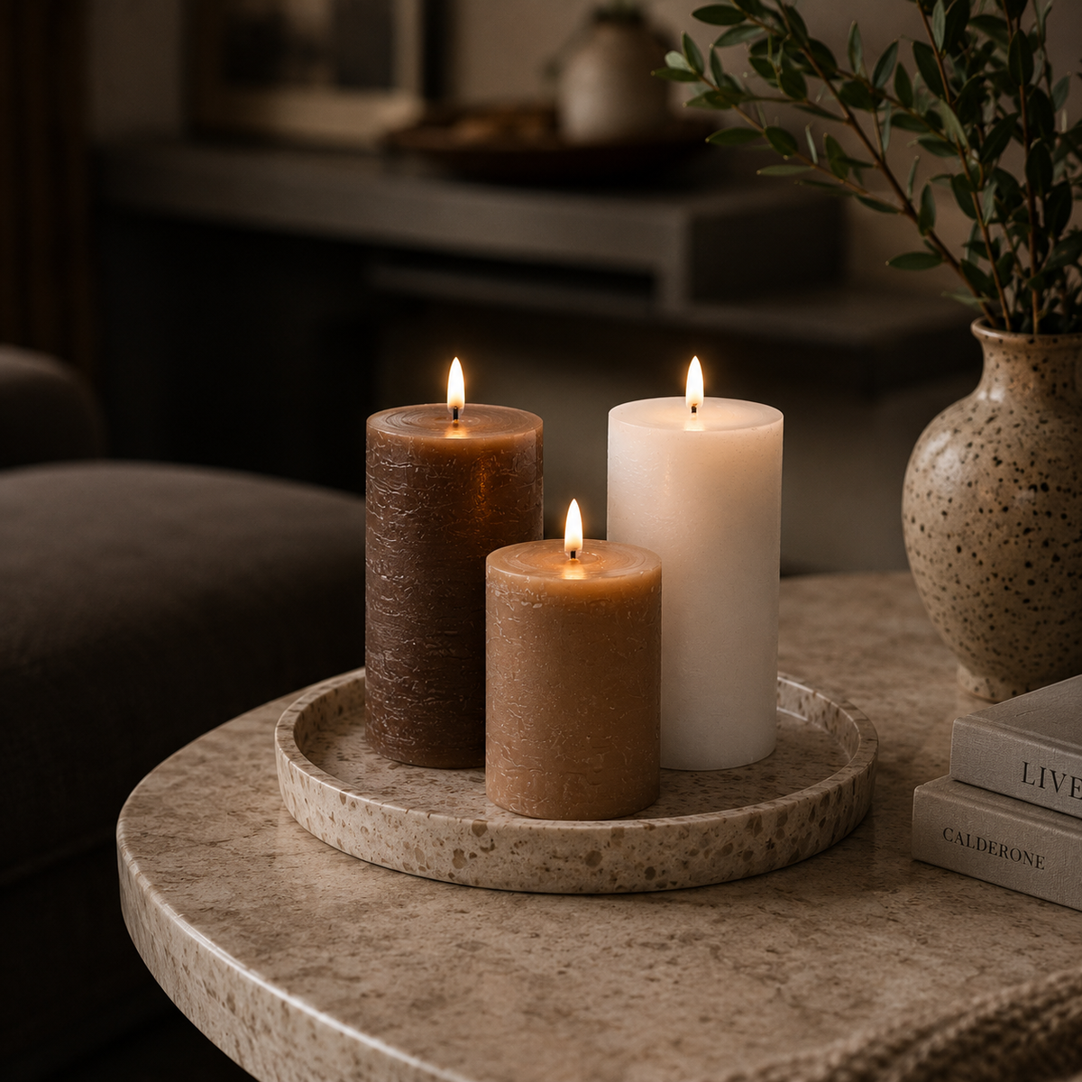 Set of 3 USB-C Rechargeable Flameless LED Pillar Candle Set with Real Wax Remote Control Timer and Dimmable Light in White Cream and Brown