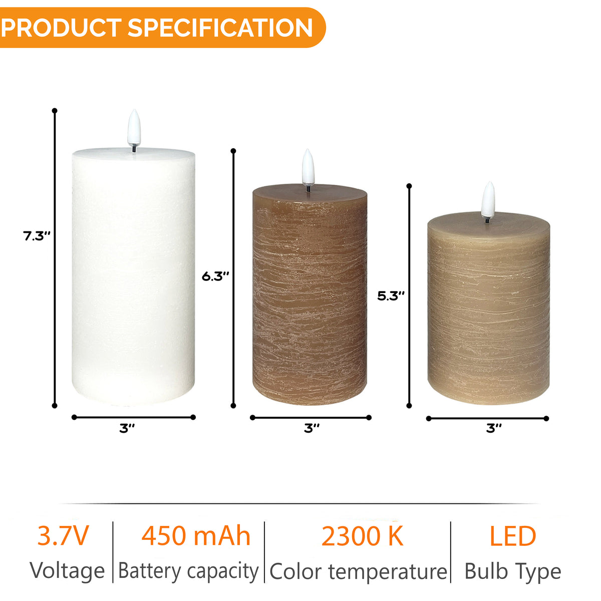 Set of 3 USB-C Rechargeable Flameless LED Pillar Candle Set with Real Wax Remote Control Timer and Dimmable Light in White Cream and Brown