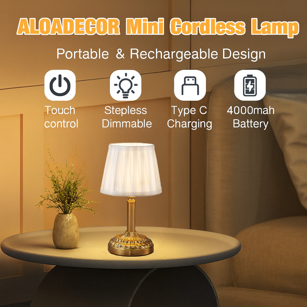 11'' Glam Cordless Table Lamp Touch Control with 3 Way Classic Elegant Dimmable Rechargeable LED Nightstand Lamp with Fabric Shade In Brass Finish