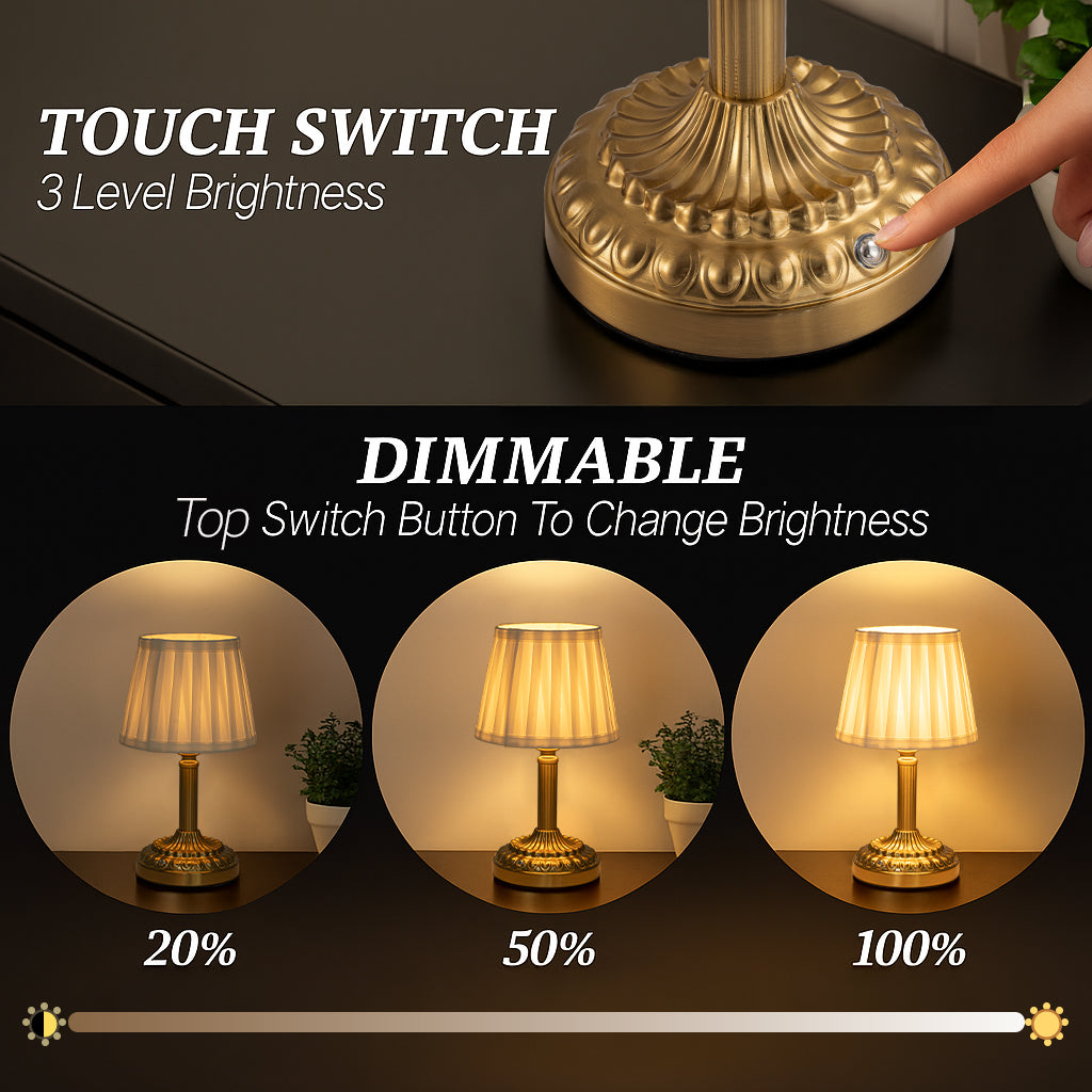 11'' Glam Cordless Table Lamp Touch Control with 3 Way Classic Elegant Dimmable Rechargeable LED Nightstand Lamp with Fabric Shade In Brass Finish
