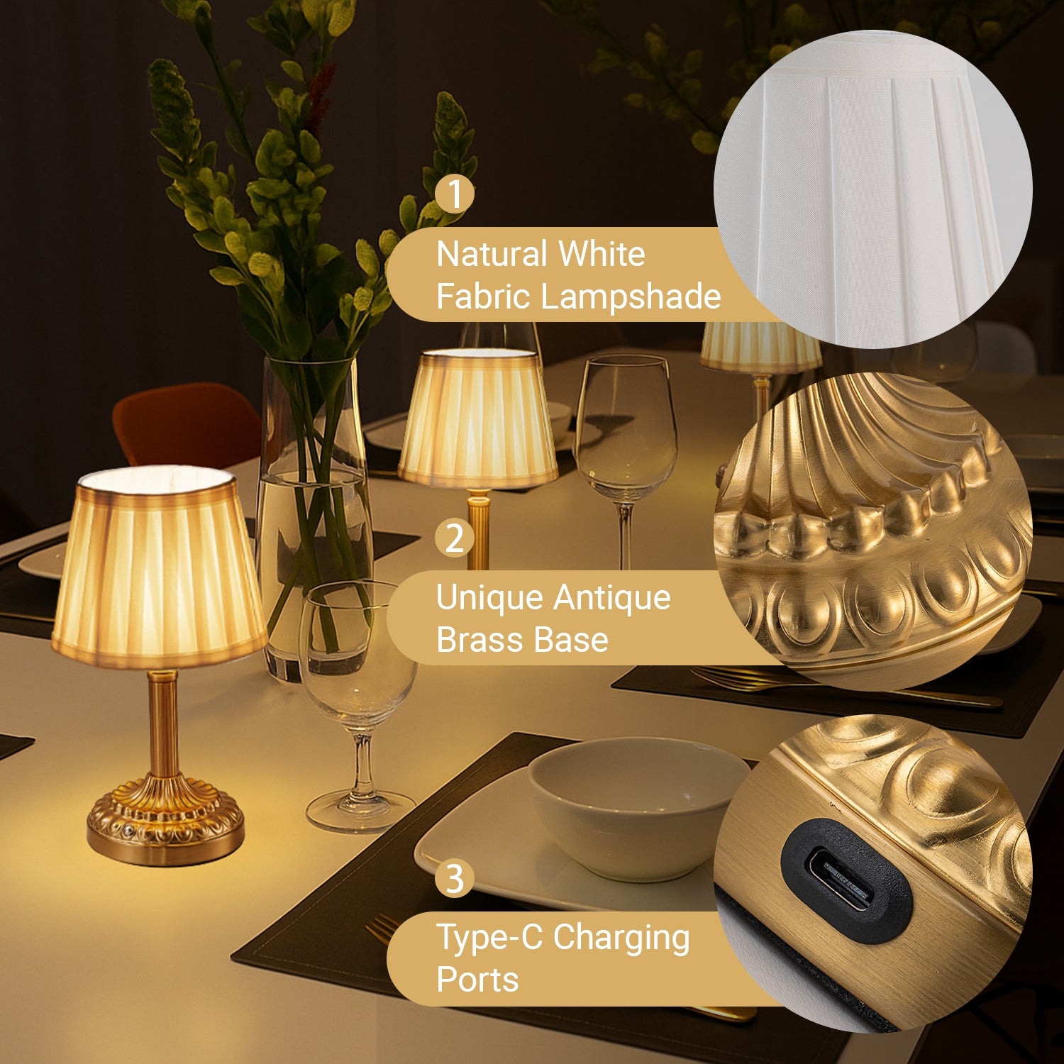 11'' Glam Cordless Table Lamp Touch Control with 3 Way Classic Elegant Dimmable Rechargeable LED Nightstand Lamp with Fabric Shade In Brass Finish