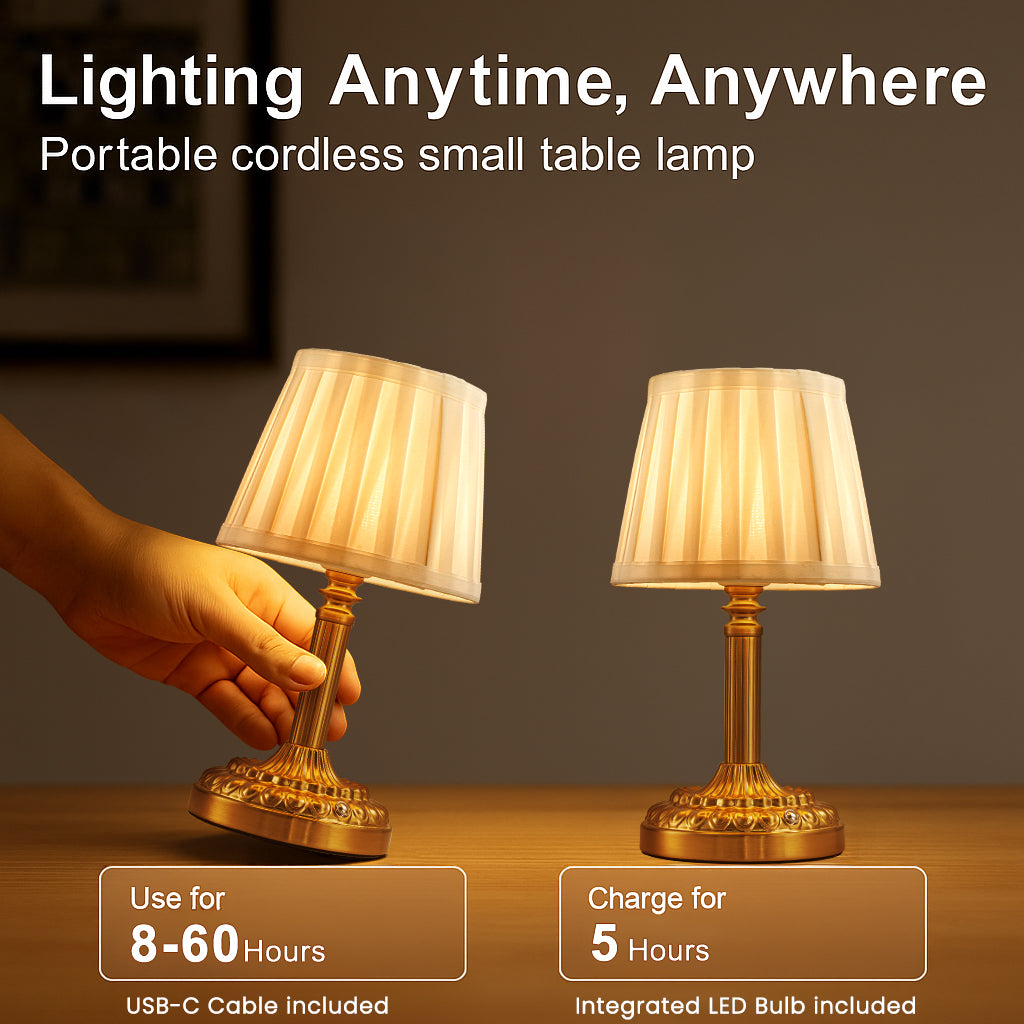 11'' Glam Cordless Table Lamp Touch Control with 3 Way Classic Elegant Dimmable Rechargeable LED Nightstand Lamp with Fabric Shade In Brass Finish