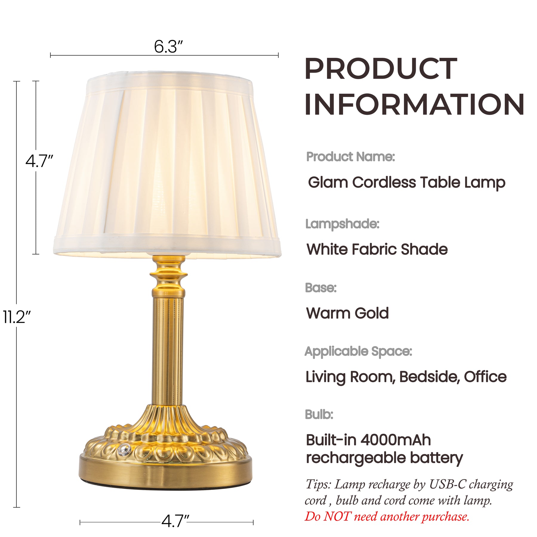 11'' Glam Cordless Table Lamp Touch Control with 3 Way Classic Elegant Dimmable Rechargeable LED Nightstand Lamp with Fabric Shade In Brass Finish