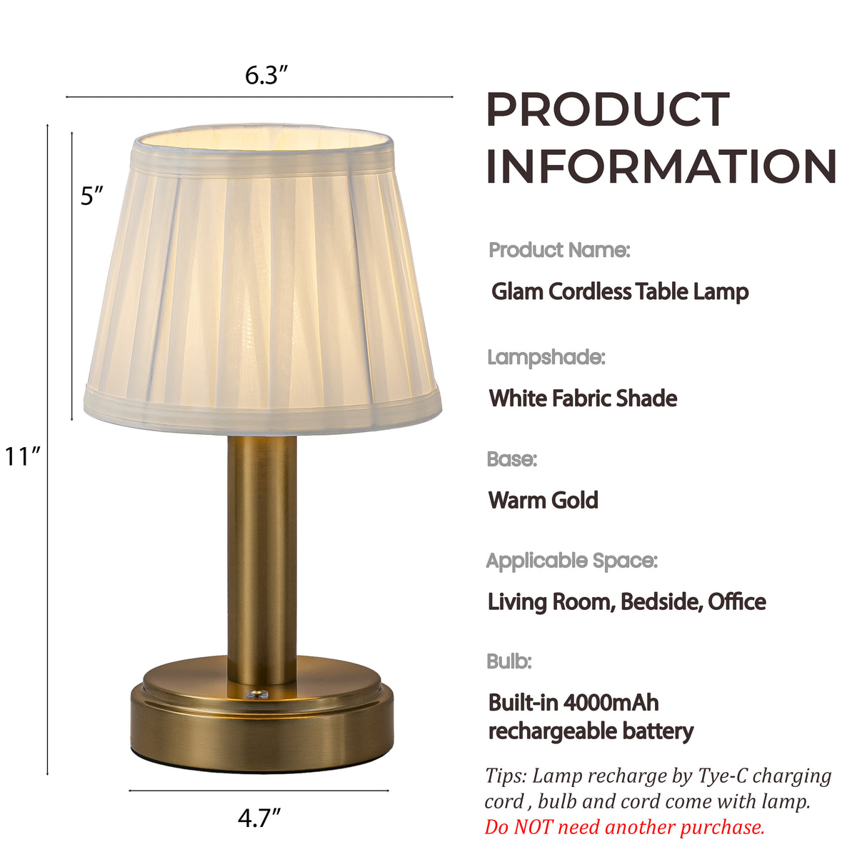 11” Vintage Antique Brass Type-C Rechargeable Cordless LED Table Lamp Touch Control Mini Desk Lamp with Fabric ShadeDimmable Nightstand Light for Bedroom Living Room Study Room