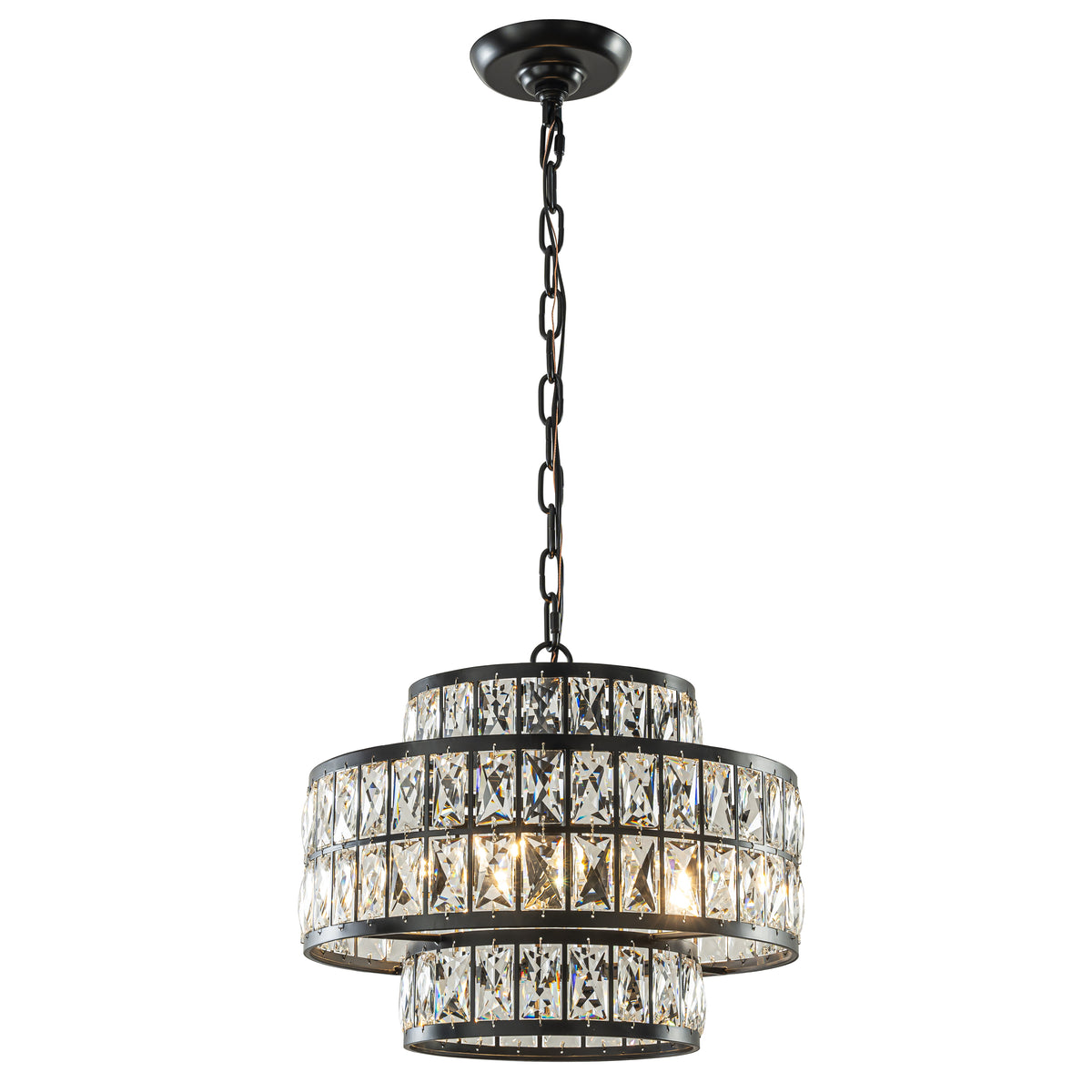 16" Modern Crystal Chandelier Matte Black Finish 4-Light Tiered Drum Pendant Light for Small Spaces Dining Room Entryway