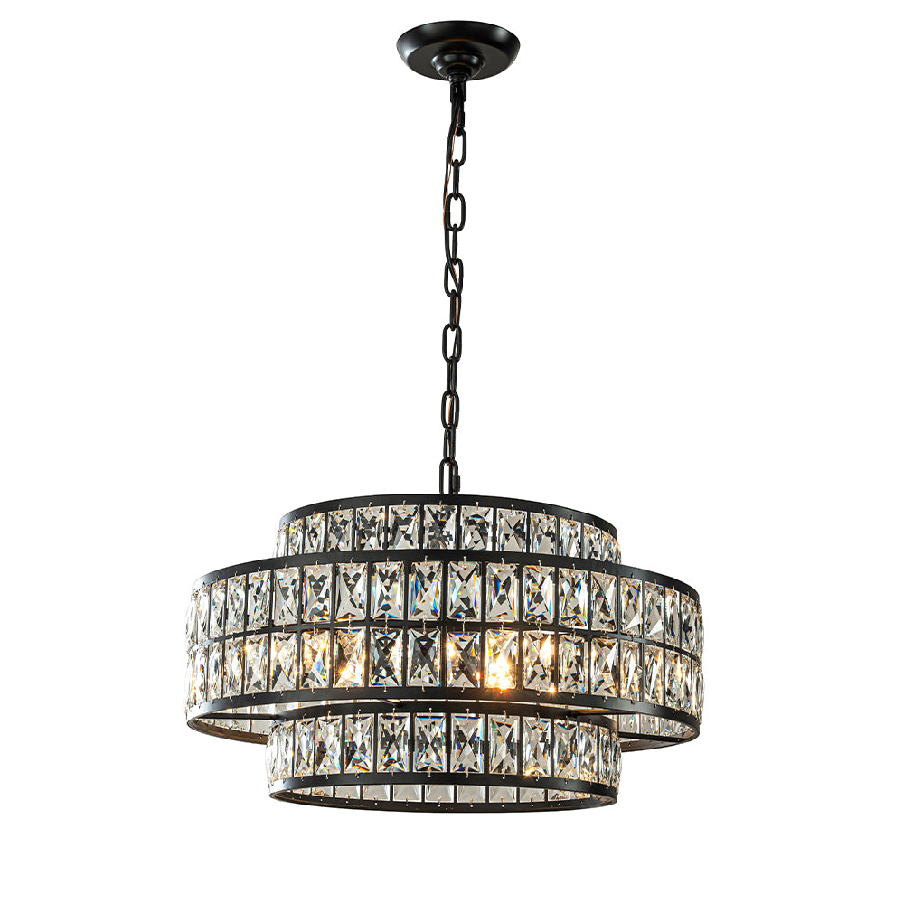 22" Modern Crystal Chandelier 6-Light Matte Black Tiered Drum Pendant Light Fixture for Dining Room and Kitchen