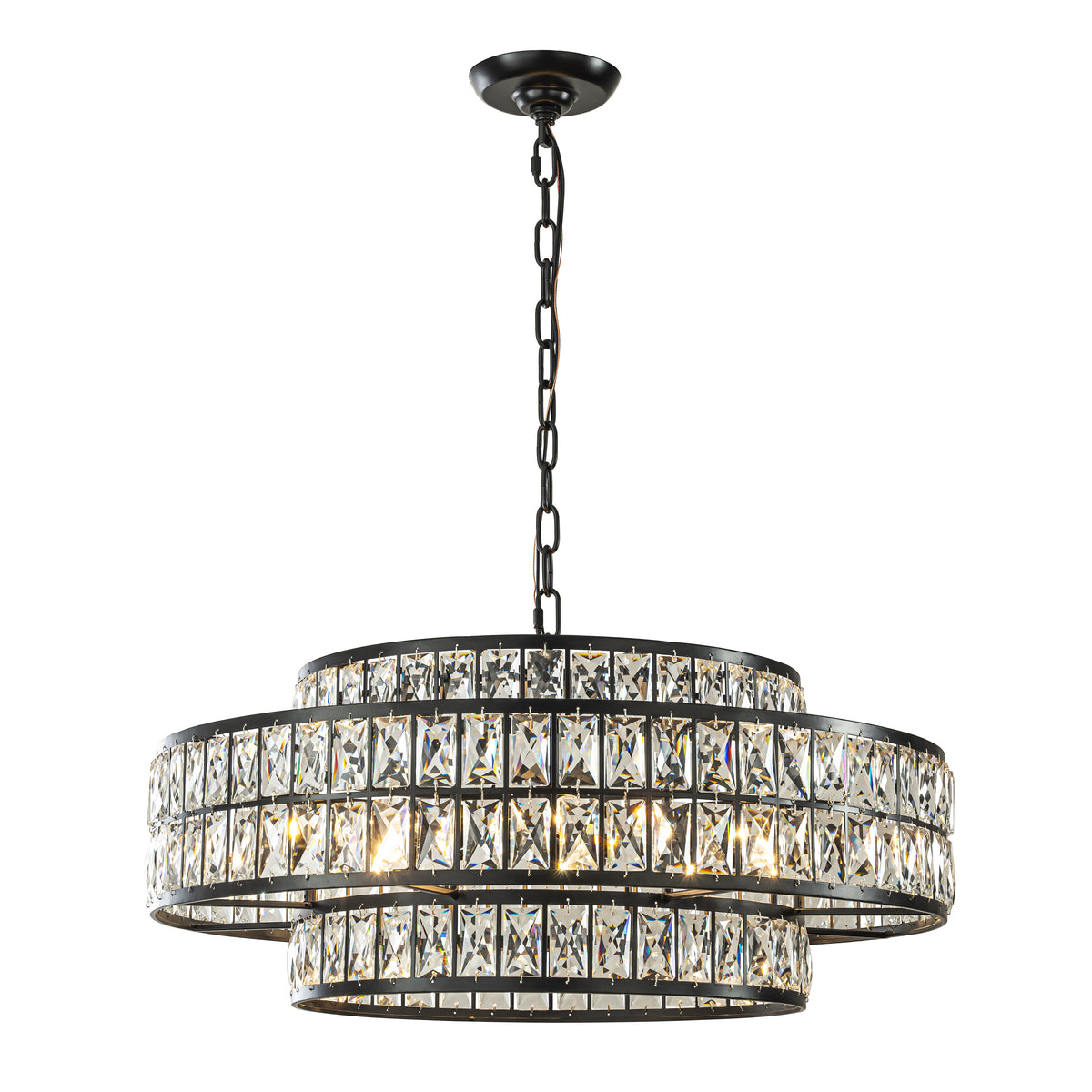 28" Large Crystal Chandelier Matte Black 2-Tier Drum Pendant Light 8-Light Modern Glam Lighting Fixture for Dining Room Living Room