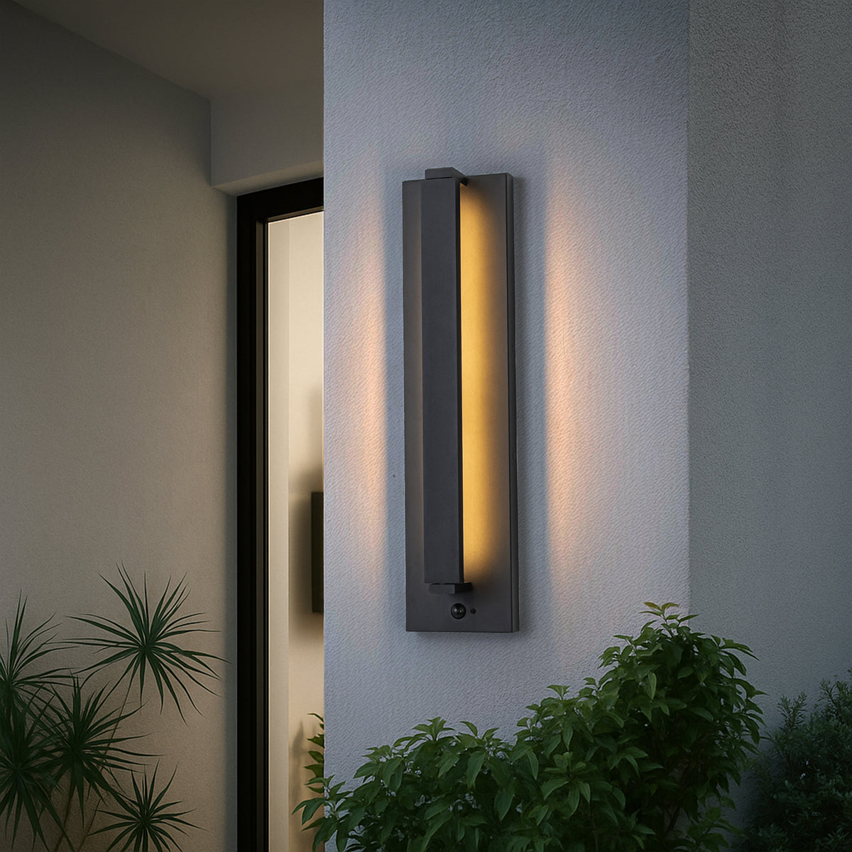 H15" Modern Motion Sensor Outdoor Wall Light 23W Integrated LED Wall Sconce Matte Black Iron Exterior Light Fixture for Porch Garage Patio
