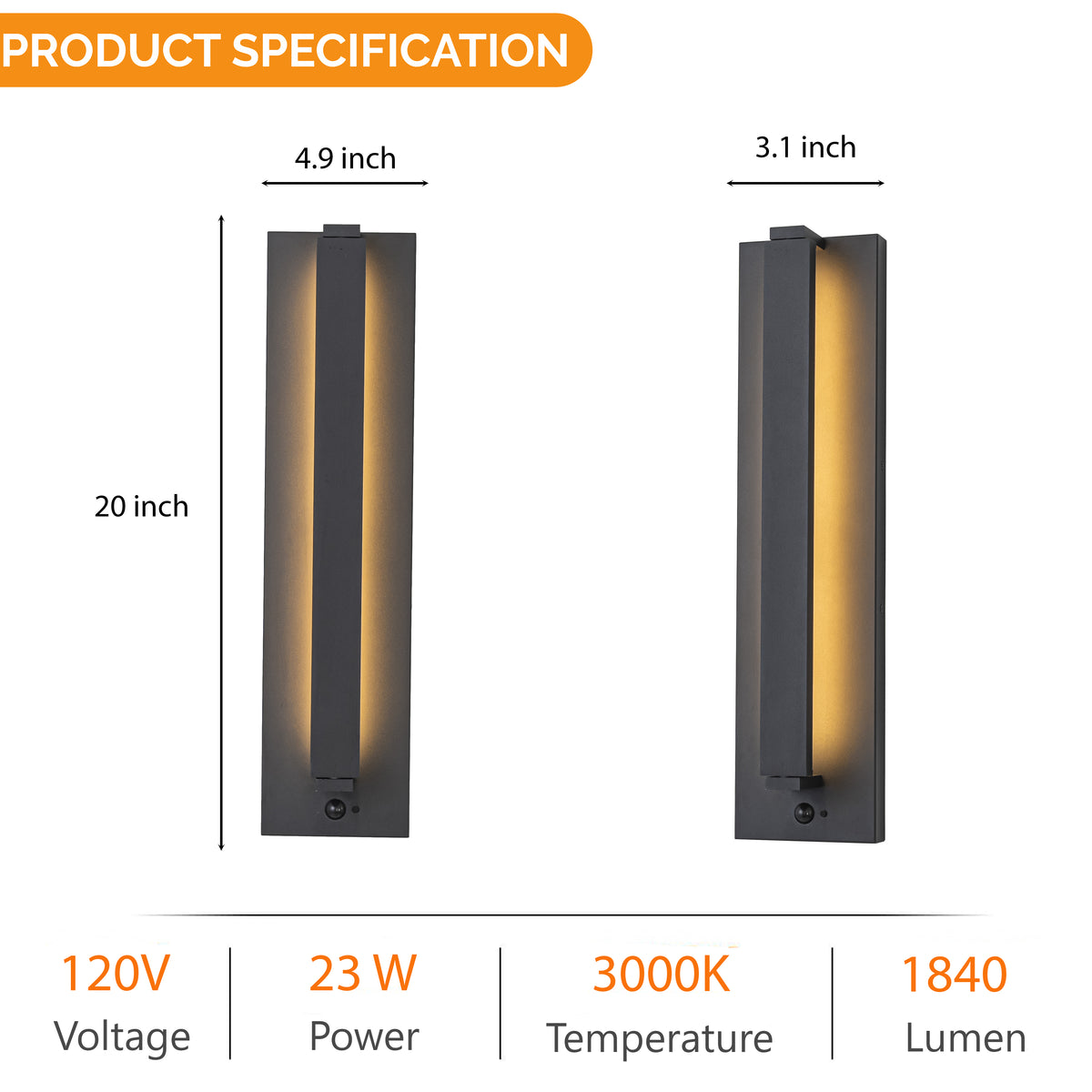 H20" Modern Motion Sensor Outdoor Wall Light 23W Integrated LED Wall Sconce in Matte Black Iron Large Exterior Light Fixture for Porch Garage Patio